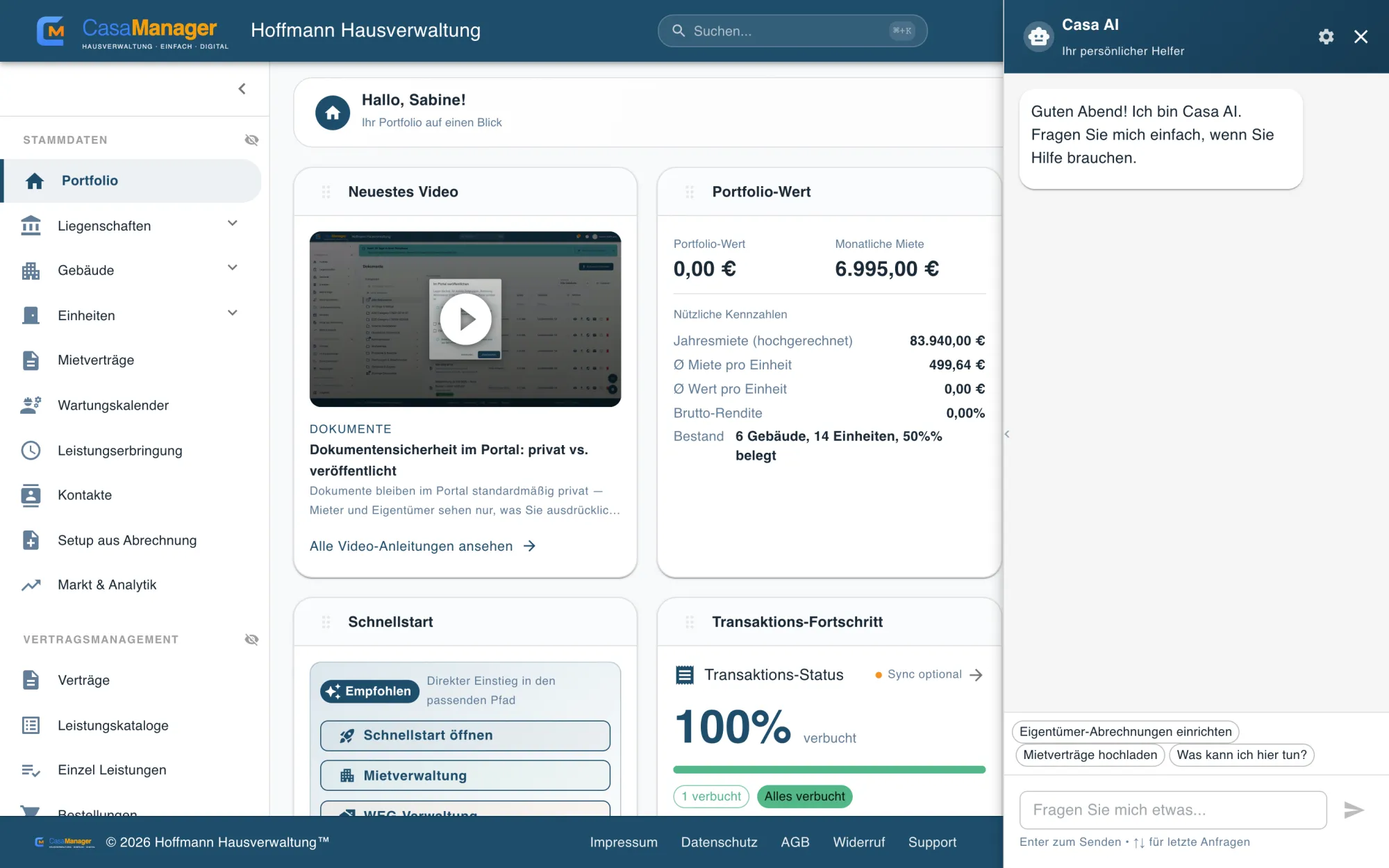 Casa AI im Einsatz – KI-Chat-Assistent in CasaManager mit Portfolio-Übersicht