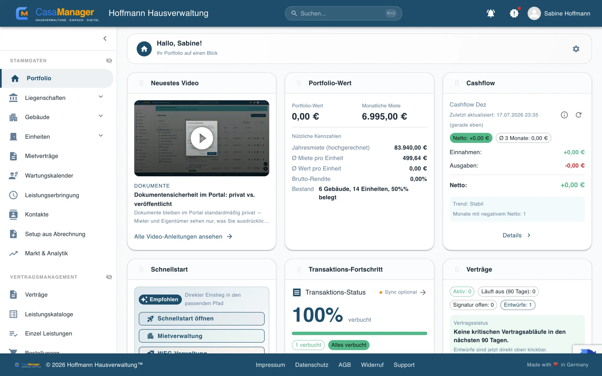 CasaManager Dashboard – Hausverwaltungssoftware für WEG und Mietverwaltung online (zum Vergrößern aktivieren)