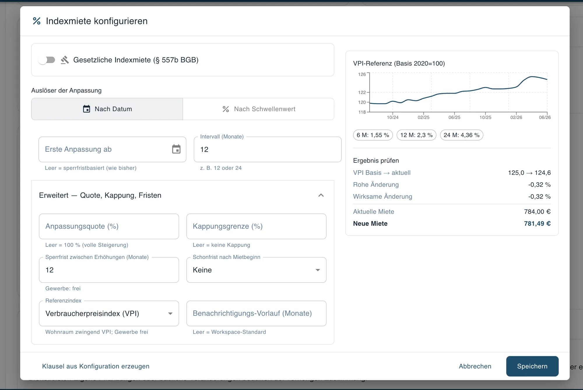 Dialog „Indexmiete konfigurieren“ in CasaManager – Auslöser, Anpassungsquote, Kappungsgrenze, Referenzindex und Live-Ergebnisvorschau