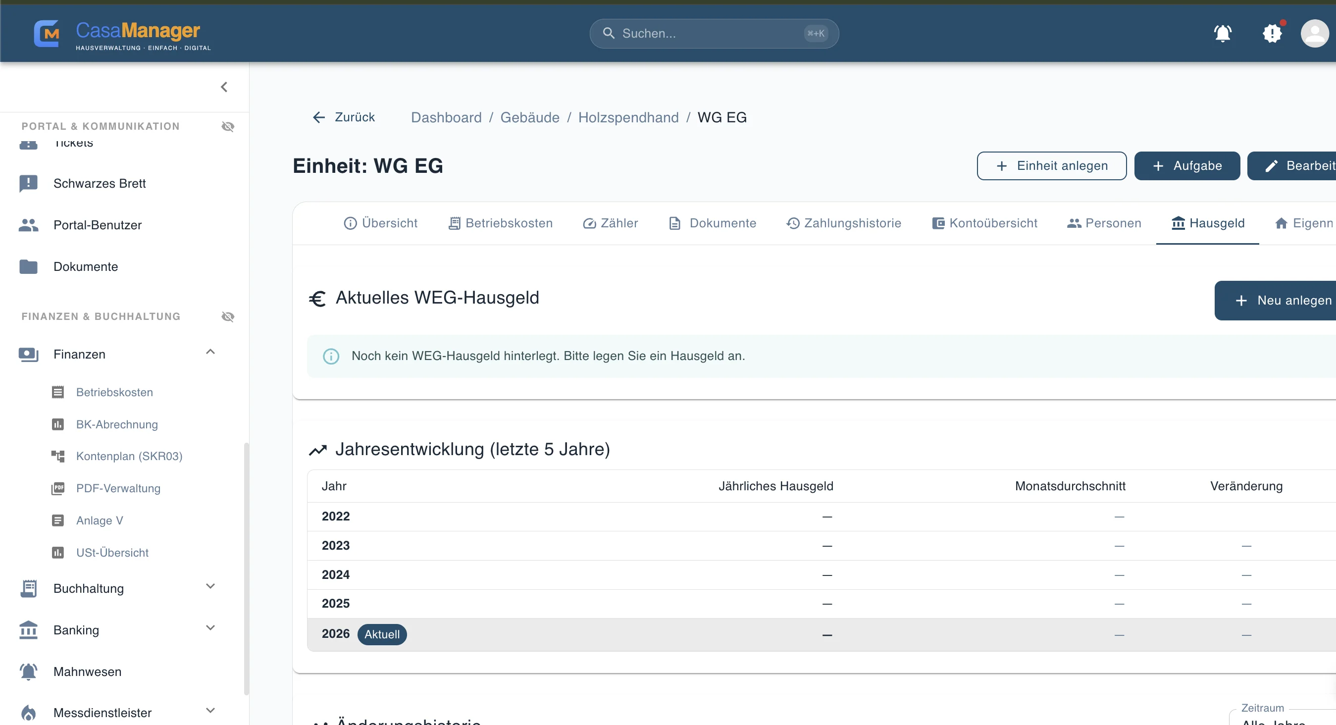 WEG-Einheit und Hausgeld in CasaManager